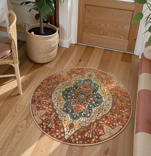 Sivilife Boho Floral Small Round Rugs, 2ft Washable Non-Slip Circle Rug for Bathroom, Soft Vintage Orange Tribal Accent Throw Rug Non Shedding Indoor Coffee Table Mat for Bedroom Entrance Office Decor