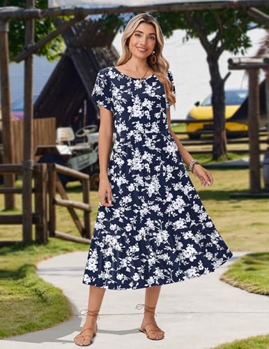 Image of Zeagoo Women Summer Midi A Line Dress Short Sleeve Casual Flowy Tiered Beach Long Sundress with Pockets 2026 Vacation Travel