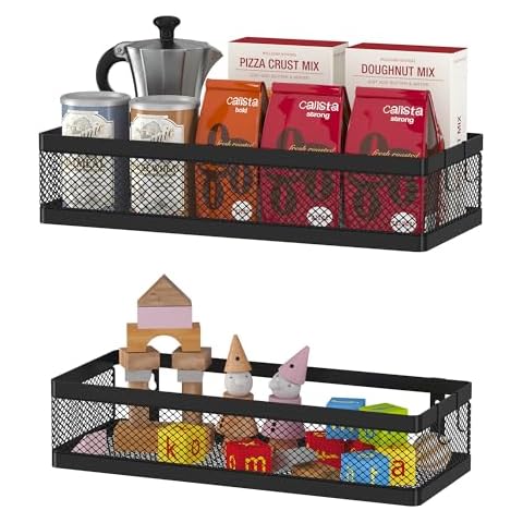 PUSDON Hanging Storage Baskets Organizer Wall Mount, Metal Wire Storage Bin Rack for Kitchen Bathroom Shower Spice Shelf Home Decor Essentials Black-2 Packs (Netting) Cover