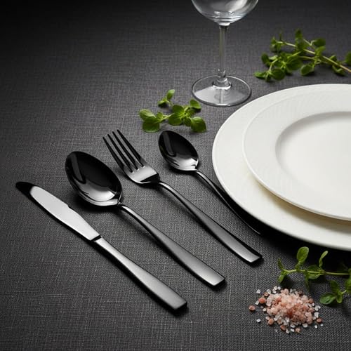 Image of 16 Pcs Black Mirror Polish Stainless Steel Cutlery Set for Dining Table with Spoons and Forks Set + Butterknives - The Perfect Tableware /Flatware