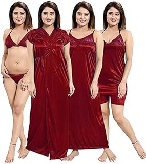 onms Women's Satin Maroon Color, Relaxed, Nighty Set (Set Of 6, Free Size)-picture-30