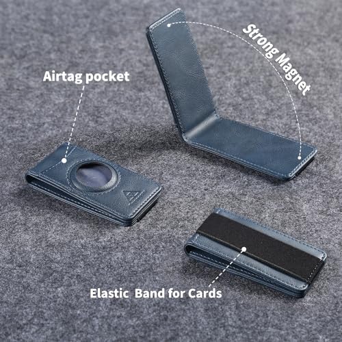 Image of Slim Magnetic Money Clip Wallet for Men with Airtag Holder & Elastic Band, Leather Card & Cash Holder for Men, Blue, Slim, Ultra Slim Design