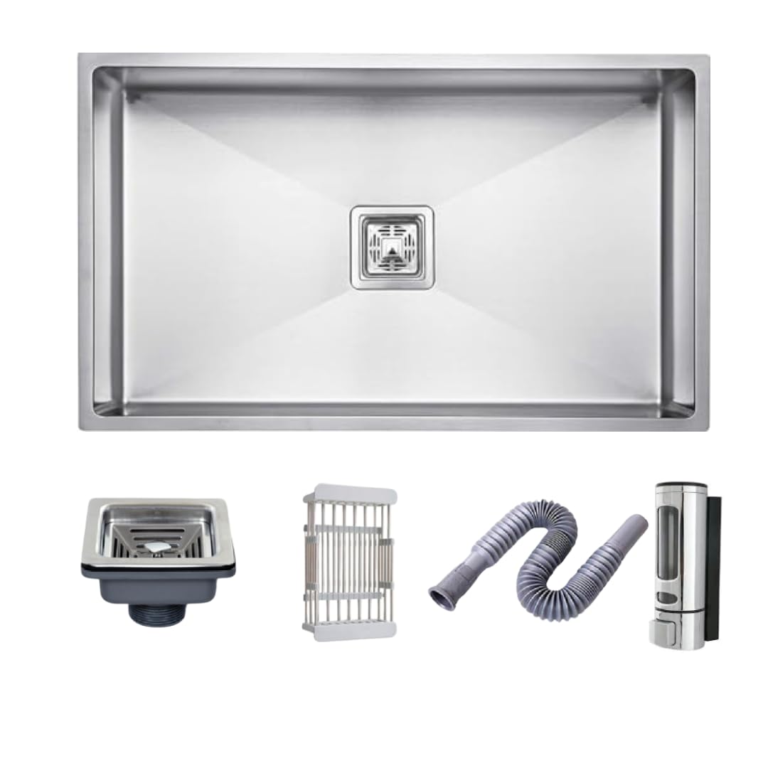 Bowls & More | Single Bowl | Handmade Kitchen Sink With Adjustable Vegetable Basket & Soap Dispenser | 32" x 20" x 10" Heavyduty Stainless Steel Kitchen Sink | Matt Finish (Silver) (B0CLT97WHR) Amazon Price History, Amazon Price Tracker