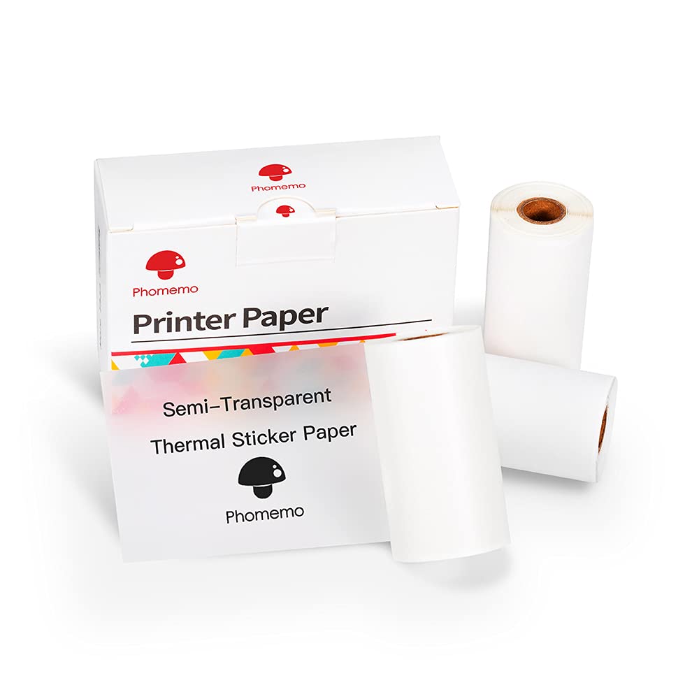 PhomemoSemi-Transparent Sticker Thermal Paper, Self-Adhesive for for Phomemo-M02/ M02S/ M03 /M04S Mini Bluetooth Pocket Printer，53mm x 2.5m, Diameter 30mm, 3 Rolls