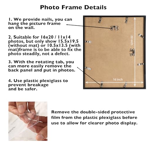 Image of JCJMY 16x20 Picture Frame with 11x14 Mat, Display Photo 11x14 with Mat or 16 x 20 Without Mat, Wall Hanging Large 16 by 20 Poster Frame with Plexiglass, Black