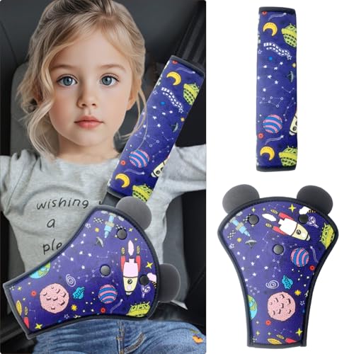 QUNXON Gurtpolster Kinder Set, Verstellbares Gurtpolster Auto, Taille Gurtpolster, Abnehmbarer Gurtschutz Kinder Auto, Schulterpolster Gurtschoner für mehr Komfort auf der Reise (Space Blue)