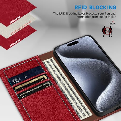 ZZXX for iPhone 15 Pro Wallet Case Strong Magnetic 6.1 inch,Red - image 3