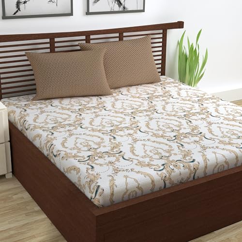 Divine Casa Double Size Bedsheet for Double Bed, 144 TC Pure Cotton Queen Size with 2 Pillow Covers | 222 by 254 cm | Floral | Ivory Gold