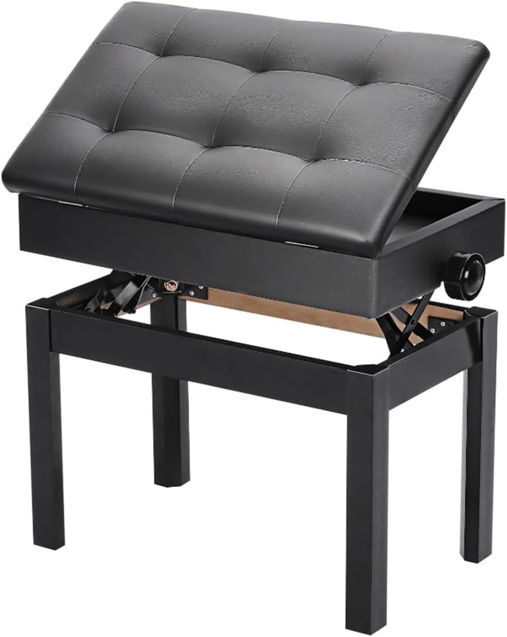 Piano Sitzbank 56 x 33.5 x 58 cm Verstellbare Höhe mit PU Leder Gepolsterter Sitz Kissen Stauraum Taste Ablagefach Hocker Schwarz
