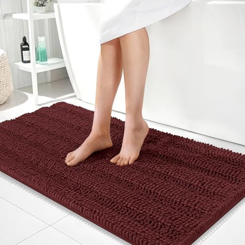 Image of OLANLY Thick Bathroom Runner Rugs 44x24, Absorbent Chenille Striped Bath Rugs, Rubber Backing, Machine Wash, Long Bath Mats for Bathroom, Tub and Shower, Home Decor Accessories, Andorra Red-Brown