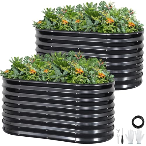 VIREO GARDEN Galvanized Raised Garden Bed Outdoor 24 Deep | Oval Metal Garden Beds with Easy Assembly & Planter Box for Planting Deep Root Vegetables Fruits Flowers 4x2x2ft Grey 2pcs