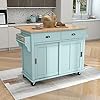 NIOIIKIT Kitchen Island Cart On Wheels with Drop-Leaf and Rubber Wood Top, Rolling Kitchen Trolley with Concealed Sliding Barn Door, 2 Drawers, Towel, and Spice Rack for Dinning Room (Antique, Blue)