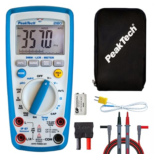 PeakTech 2180 – Multímetro digital con medidor LCR, resistencia, capacitancia, inductancia, 6000 cuentas, rango automático, amperímetro, probador de continuidad pantalla LCD iluminada - CAT III 1000