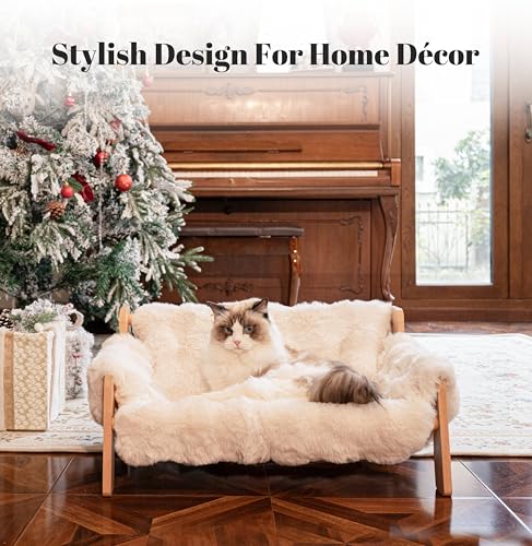 CHEERHOME PETS Elevated Cat Couch Bed for Indoor Cats, Wooden Cat Sofa with Removable Washable Fluffy Cover Raised Kitty Lounge Chair Suitable for Puppy(Cat Sofa Off-White) - Image 3