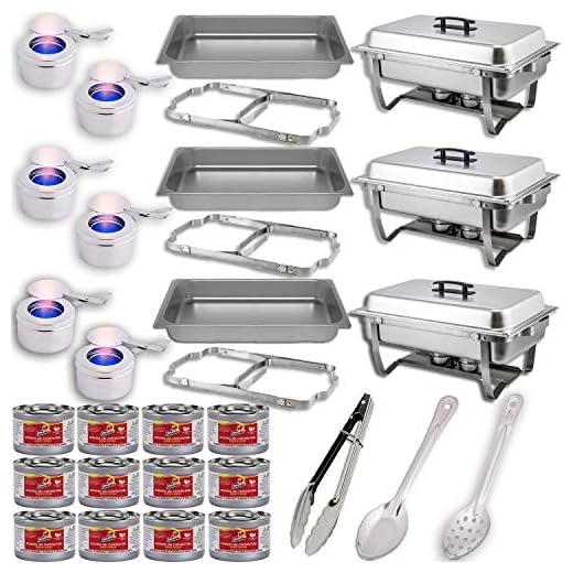 Chafing Dish Buffet Set w/Fuel — Folding Frame + Water Pans + Food Pans 8qt + Lids + 6 Fuel Holders + 12 Fuel Cans + Serving Utensils (15” Perforated spoon + 15" Solid Spoon + 9” Tong) - 3 Warmer Kit