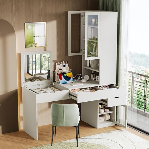 Image of JIVOIT Vanity Desk with Mirror, Versatile Makeup Dressing Table with 8 Hidden Storage Compartments, 3 Drawers, 2 Cabinets and Open Shelves, Glass Door, Computer Desk for Home Office