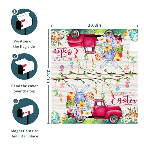 Image of Happy Easter Day Bunny Truck Mailbox Cover Magnetic Large Size 25.5 x 21 Inch Easter Eggs Flowers Mailbox Cover Spring Easter Letter Post Box Cover Wrap Decoration for Home Garden Yard Outside