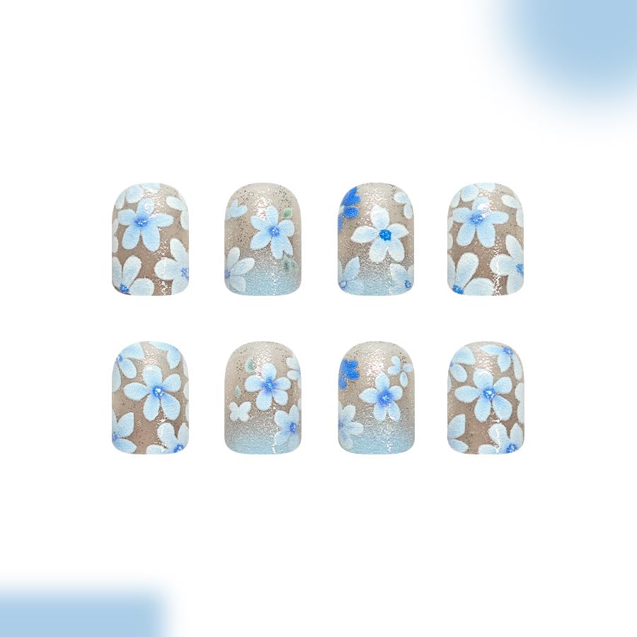 Flowers Press on Nails Blue Floral Short Square 24Pcs