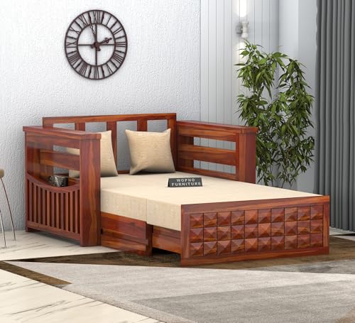 Image of Sheesham Wooden 2 Seater Sofa Cum Bed with Mattresses for Home Living Room | Rosewood 2 Seater Sofa Cums Bed for Bedroom Without Pillow | Solid Wood Sofa Bed (Honey D, 2 Seater)