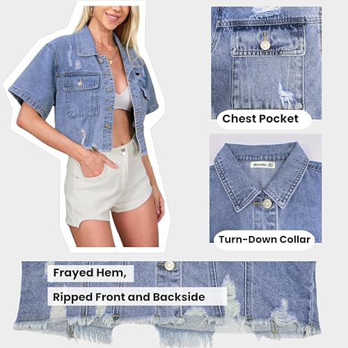 Short Sleeve Jean Jacket for Women Cropped Distressed Jackets Plus Size Denim Top with Frayed Hem4