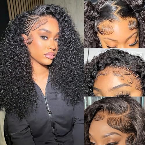 Image of CYNOSURE 13x4 Deep Wave Lace Front Wigs Human Hair Pre Plucked 180% Density Brazilian Deep Curly Lace Frontal Wig with Baby Hair Natural Black Color 16 inch