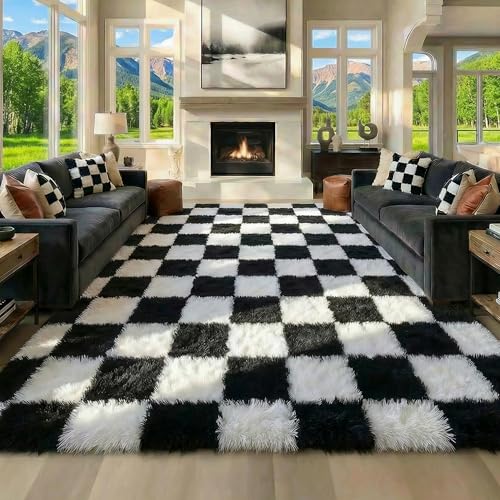 Image of KICMOR Rugs for Living Room 7x10 Area Rug, Black and White Large Fluffy Shag Shaggy Fuzzy Checkered Bedroom Carpet, Indoor Soft Plush Big Rug for Kids Boys Girls Dorm Nursery Home Decor Aesthetic