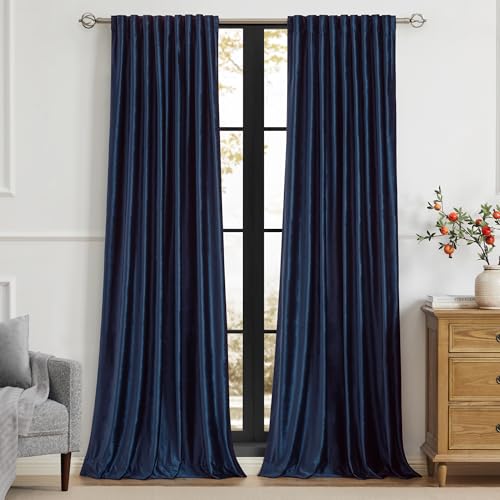 Image of Navy Blue Velvet Curtains 72 inch Long for Living Room,Luxury 2 Panels Room Darkening Rod Pocket Back Tab Curtain Elegant Thermal Insulated Heavy Soundproof Decorative Window Drapes for Bedroom