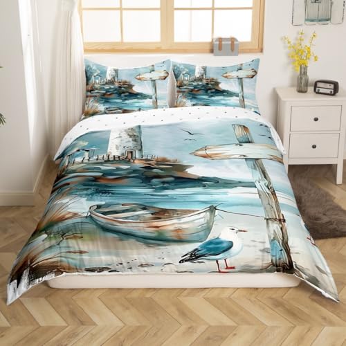 jejeloiu Ocean Theme Comforter Cover Toddler Kids Summer Sailboat Lighthouse Seagull Pattern Bedding Set for Boys Girls Hawaiian Beach Sea Natural Scenery Duvet Cover Room Decor (No Comforter)
