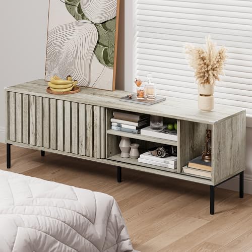 DWVO Modern TV Stands for 65/70 inch TV, Mid Century Entertainment Center, TV Consoles for Living Room, TV Cabinet with Sliding Door & Adjustable Shelf, 64 Inch Light Grey