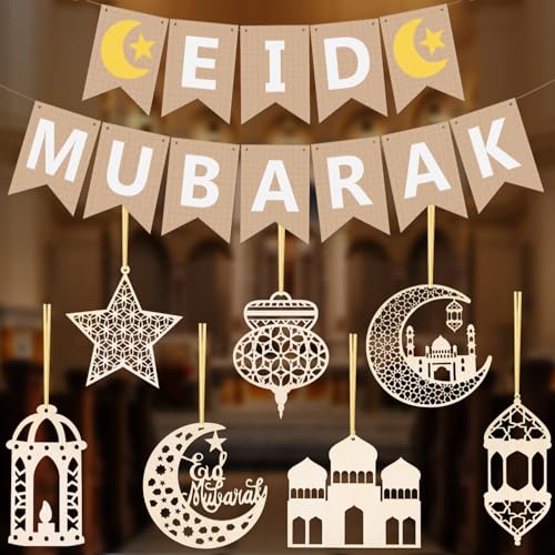 iZoeL Eid Mubarak Decorations Set Eid Banner Wooden Hanging Ornaments with Gold Sticker Islamic Decor for Home Restaurant Offices Party Iftar al-Fitr Celebrations