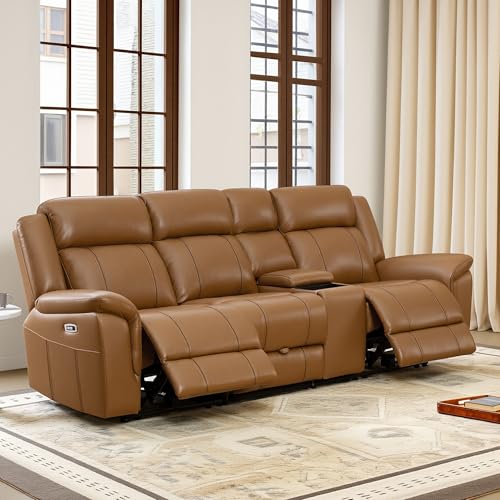 Image of CHITA Leather Power Recliner Sofa Wall Hugger, Saddle, 3-Seat with Console