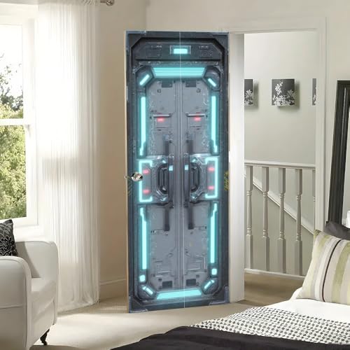 Door Sticker 30.31 x 78.74 Inch Sci Fi Metal Door with Blue Ambient Lighting Industrial Panels and Futuristic Elements for Bedroom Living Room or Entryway Modern Mural Style