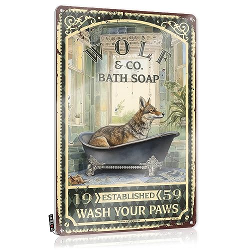 Wolf Bath Soap Wash Your Paws Letrero de lata Decoración Maximalist Decor Funkyretro Decoración de pared Decoración de baño Decoración de pared para dormitorio Mujeres (Color: Color, Tamaño: 20 x 30