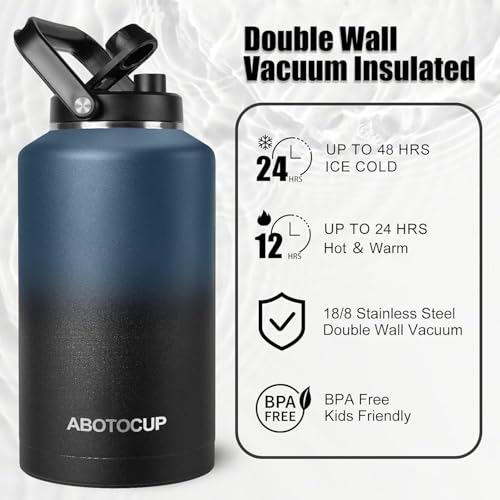 Image of ABOTOCUP 2 Gallon Water Jug with Wide Mouth, 256oz Insulated Water Bottle Keep Cold24h&Hot12h, Comes with Ergonomic Handle, Two Double Walled 16oz 18 /8 Stainless Steel Cups Thermo Canteen Mug