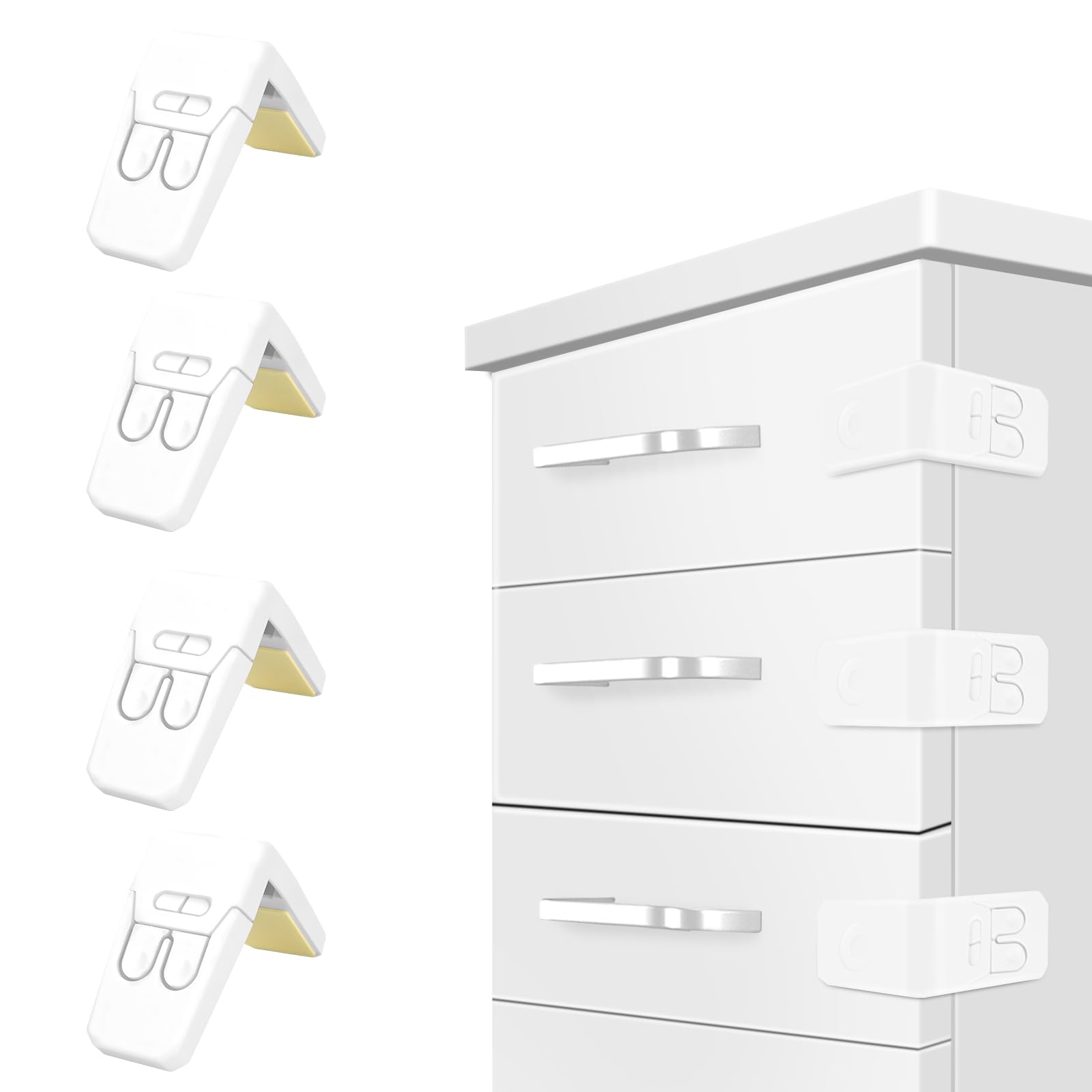 Arqumi Child Safety Cupboard Locks for Children - 4 Pack Child Proof Cabinet Locks Baby Proofing Angle Type Drawer Locks Latches with Strong Adhesive for Drawers Doors Cabinets White
