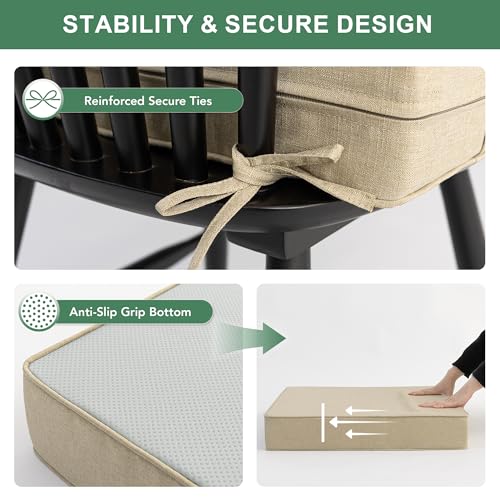 Image of Summsun Outdoor Chair Cushions 24 x 24 Inch, Faux Linen Patio Furniture Cushions, Water Resistant Backrest and Deep Seat Cushion Set with Ties, Removable Cover, Non-Slip Bottom, Nature