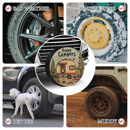 Image of Spare Tire Cover Happy Campers Wheel Protectors Weatherproof Camper Trailer Campfire Tire Cover Universal Fit for Trailer SUV Truck Camper Travel Trailer 12 Inch