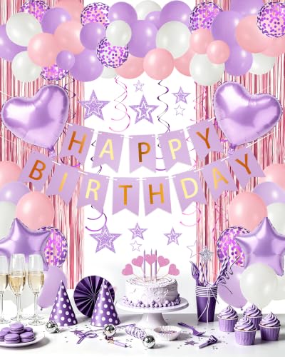 Image of Purple Pink Happy Birthday Party Decorations with Banner Balloons for Women