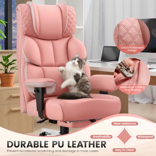 Image of BestGlory Office Desk Chair, Big and Tall Leather Gaming Chair with Footrest, Ergonomic Comfy Executive High-Back Reclining Computer Chairs, Wide Swivel Rolling Wheels and Padded Lumbar Support, Pink