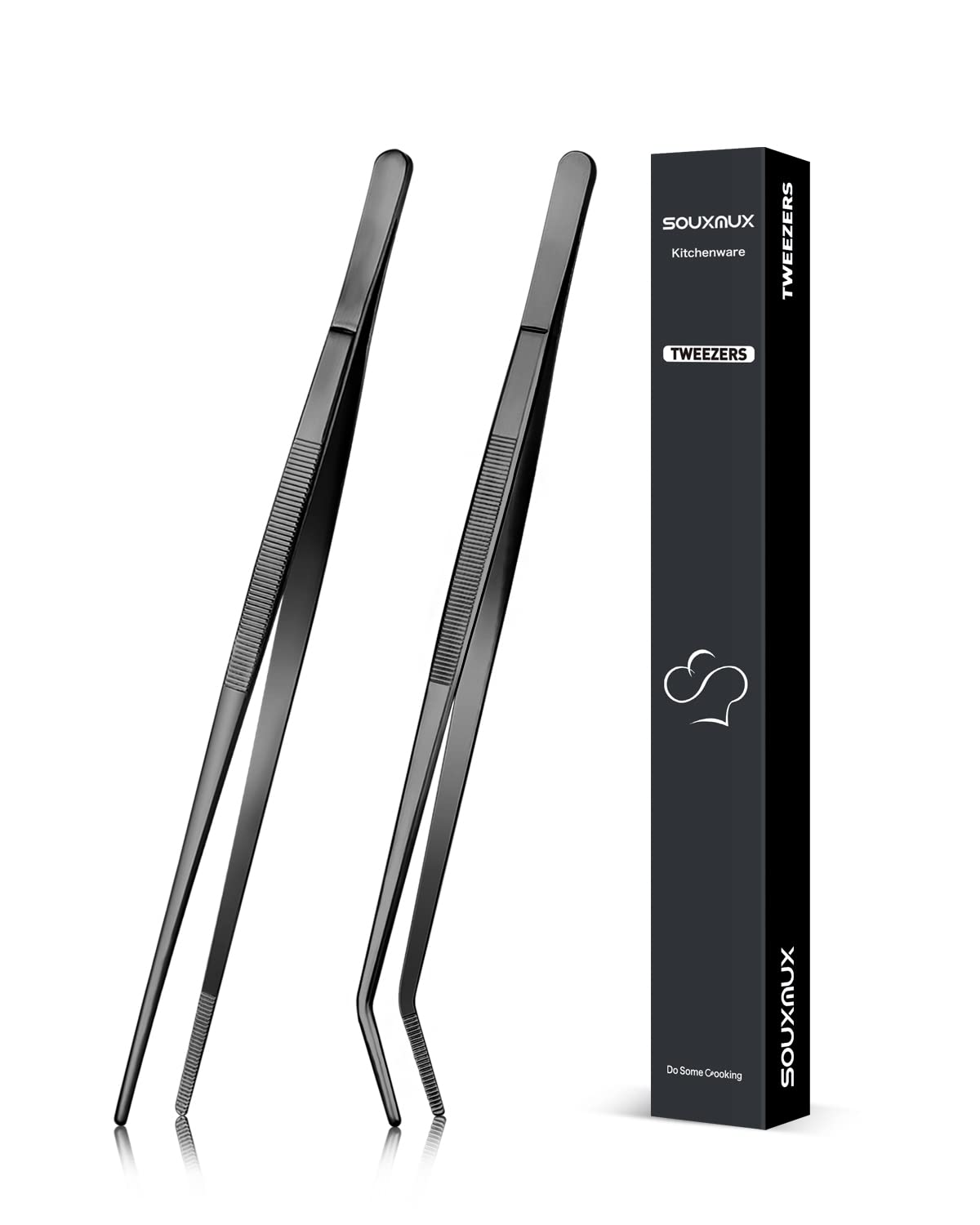 SouxMux10-inch Cooking Tweezer and Curved Tong Set, Tongs Precision Serrated Tips, Stainless Steel Professional Chef Tweezer Kitchen Tools for BBQ, Plating and Serving