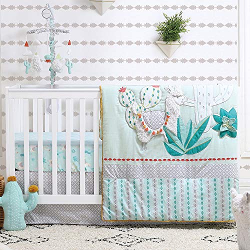 Image of Little Llama 5 Piece Mint Green and Grey Baby Crib Bedding Set