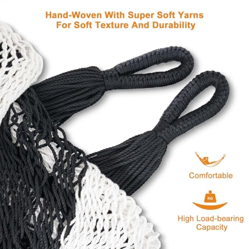 Image of Lazy Daze Hammocks Handwoven XL Mayan Hammock, 10.5 FT Soft Rope Double Hammocks, Portable Outdoor Hammock with Carry Bag, 2 Straps & Carabiners for Patio Outside, 550 lbs Weight Capacity, Black /White