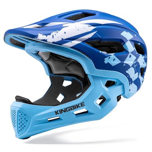 Kinder-Fahrradhelm Integralhelm Radfahren Roller Schutz Multisportarten für Kleinkinder Kinder mit abnehmbarem Kinnschutz ab 5 Jahren Jungen und Mädchen (Karierte Flagge -Himmelblau S)