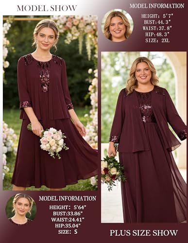 Image of GRACE KARIN Formal Wedding Guest Dress Sequin Mother of The Bride Dresses | Two Piece,3 /4 Sleeve,Tea Length,Crew Neck,Fit and Flare,Chiffon,Suitable for Spring /Summer /Fall /Winter /Cocktail /Party /Prom