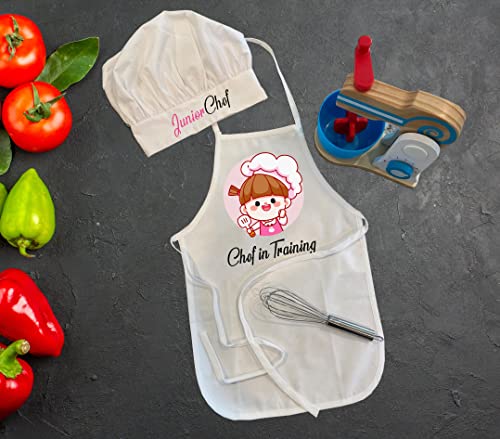 Image of Baby Girls White Polycotton Chef Apron with Cap Costume for Photoshoot, Fun, Activity, etc.