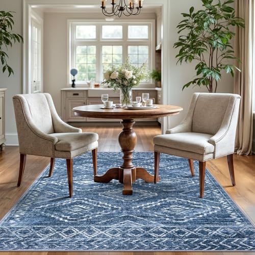 KILOCOCO Area Rug 4'x6' Entryway Rug Washable Bedroom Rugs Non Slip Printed Boho Low-Pile Rubber Backed Blue Soft Rugs for Kitchen Living Room Dining Geometric Moroccan Carpet, Stonewashed Blue