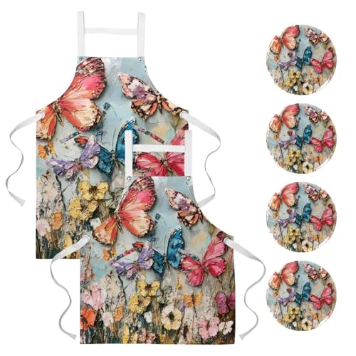 Lot de 2 tabliers de cuisine avec poches motif fleurs vintage