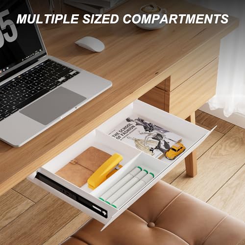 Image of White Under Desk Drawer with Removable Tray, 15.4 inch Wide 2-in-1 Organizer - 60 Ergonomic Tilt, 4-Compartment Insert for Pens, Phones & Cables, Ball Bearing Slides, for Home Office & Student Desk