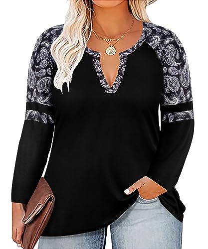 Image of CARCOS Plus Size Tops for Women Long Sleeve Fall Tunic Color Block Camo /Plaid /Leopard /Fall Blouse Crewneck Tshirt XL-5XL
