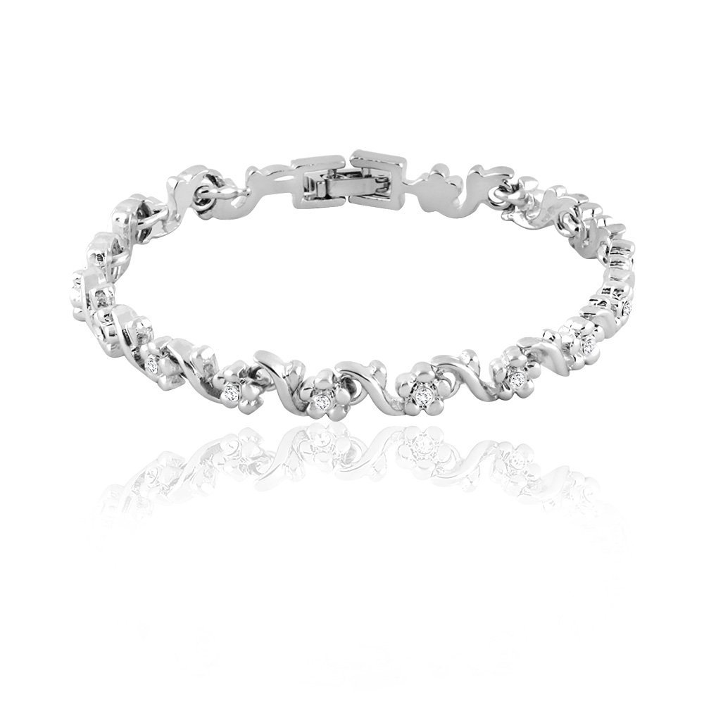 Mahi Rhodium Plated Floral and Leaves Bracelet with Crystal for Girls and Women (BR1100247R) (B00QRGKME0) Amazon Price History, Amazon Price Tracker